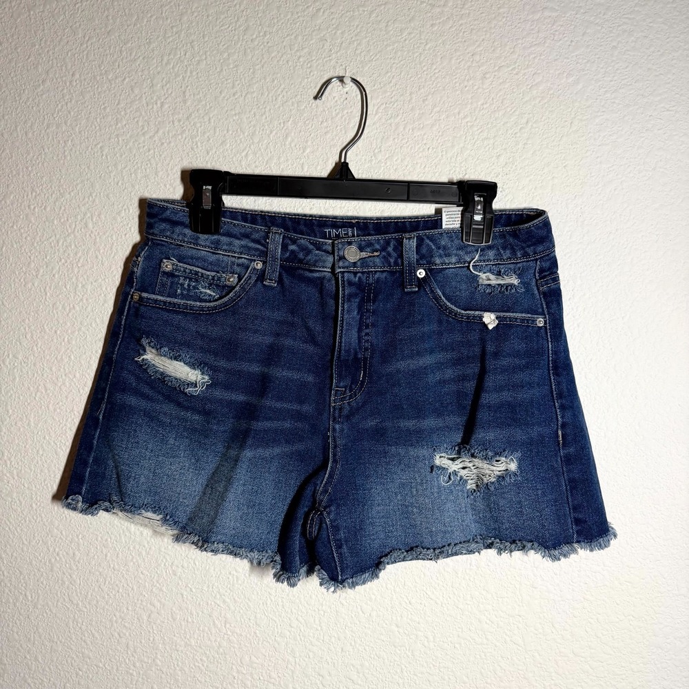 Time And Tru Cut Off Shorts Womens 8 Blue Denim Distressed High Rise Frayed Hem